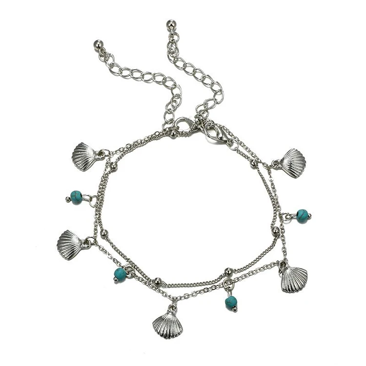 

Wholesale Beach Jewelry Women Fashion Simple Seashell Turquoise Scallop Pattern Beaded Silver Anklet