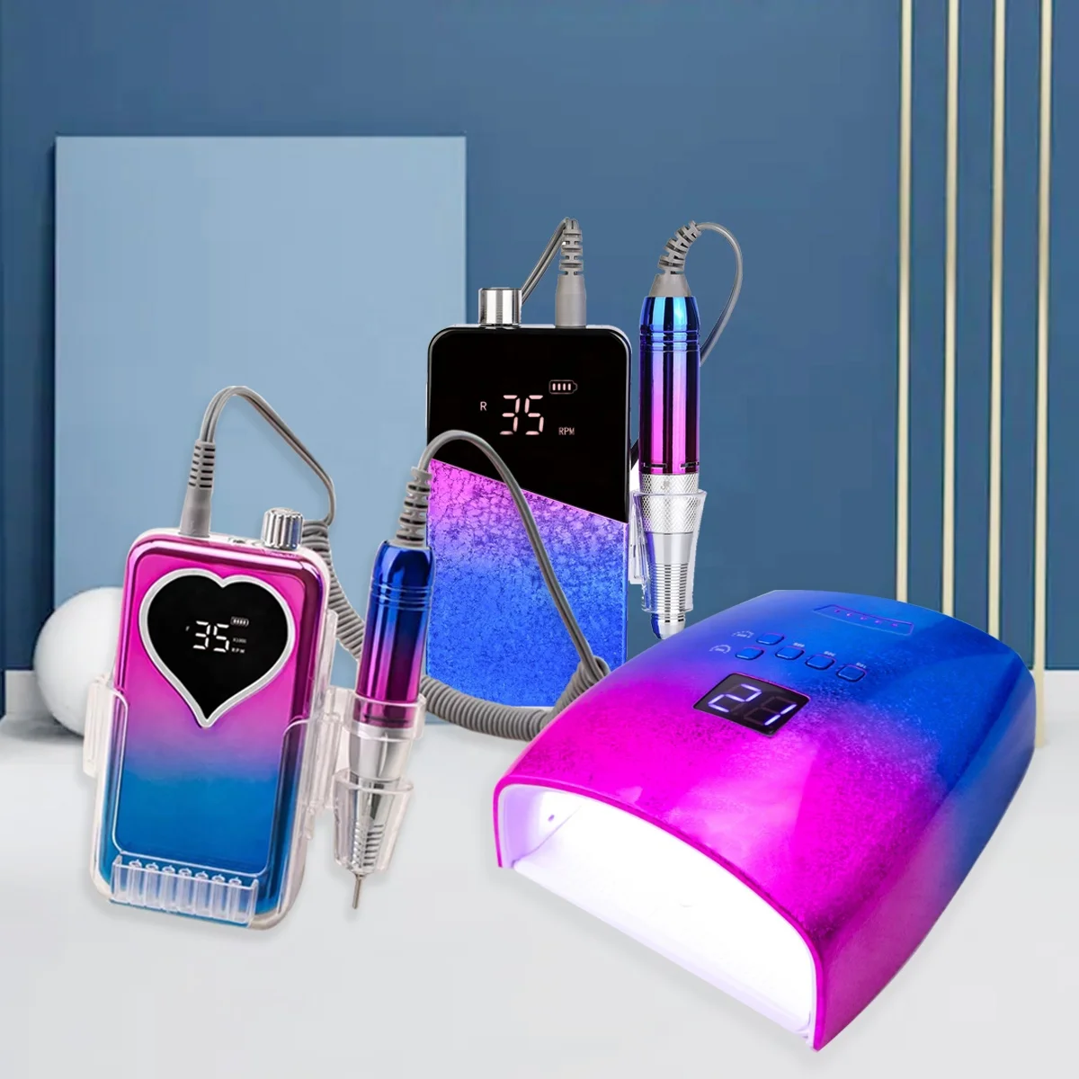 

Gradient Blue Wireless UV Gel Nail Dryer Lamps Cordless Rechargeable 35000 Portable Electric Nail Drill Machine Set