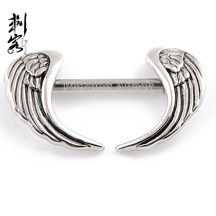 

14G Steel Nipple Ring Large Angel Wings Nipple Piercing Fashion Style Body Jewelry, Silver