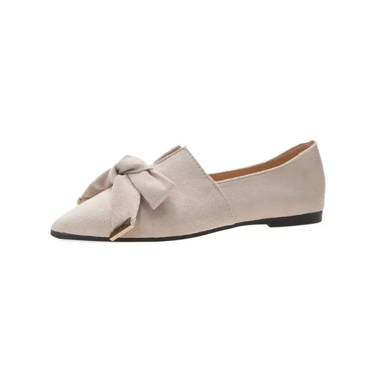 

2020 Spring Women Suede Pointed Toe Shoes With Bowknot, Black, beige, khaki