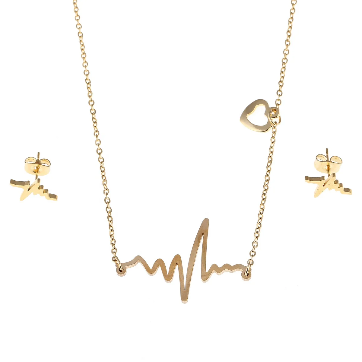 

Gold Color Heartbeat ECG Heart Pendant Necklace Earrings Cardiogram For Women Valentines Charm Jewelry Set