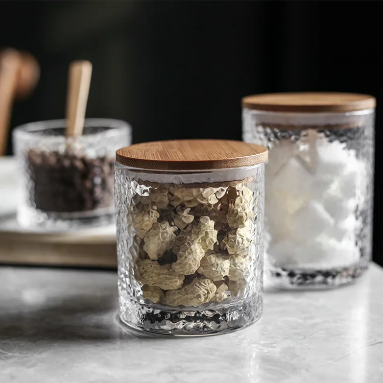 

Japanese hammered kitchen bamboo wood tea storage glass sealed jar, White, gold