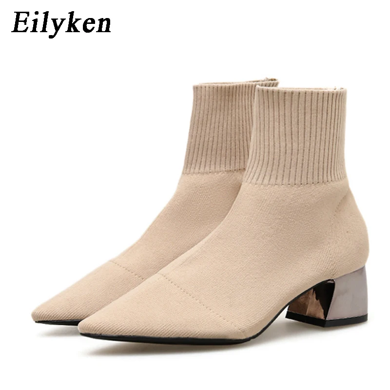 

EilyKen 2021 Autumn Winter Knitted Stretch Fabric Socks Women Boots Low heel Short Boots Gray PointedToe Women Ankle Boots