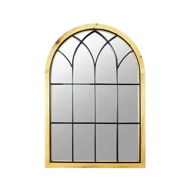 

Arched Window Mirror Metal and Wood Wall Mounted Wood Frame Mirror Decorative for Living Room