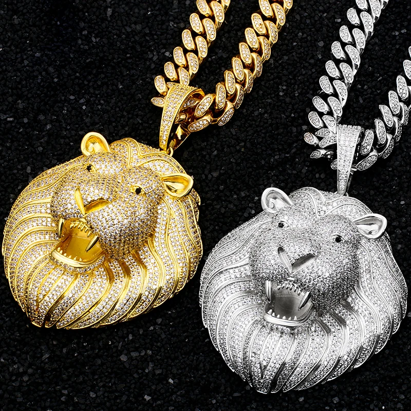 

High Quality Cubic Zirconia CZ Pendant Hand Setting Lion Head Necklace White Gold Pendant Hip Hop Jewelry