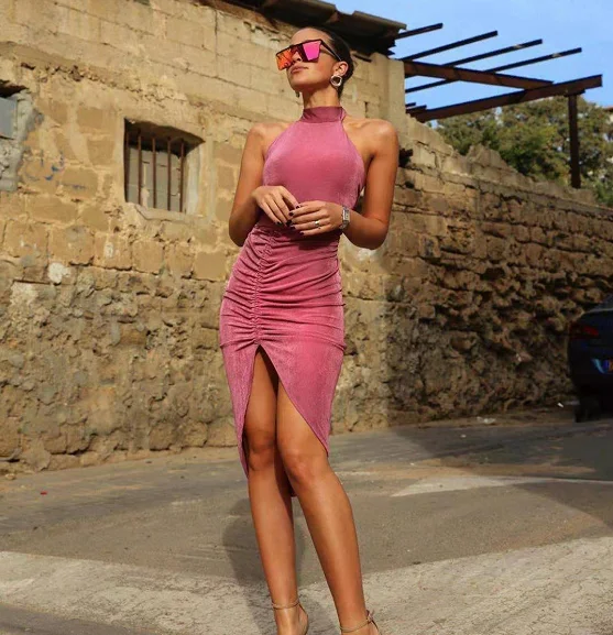 

2021 New pink sexy halter dresses summer sleeveless luxury lady women evening dresses