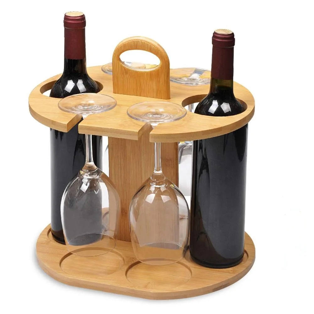 

Wine Bottle Holder Glass Cup Rack w/Handle Free Wood Handle Corkscrew - Wine Organizer Bamboo Stand Countertop Tabletop Display