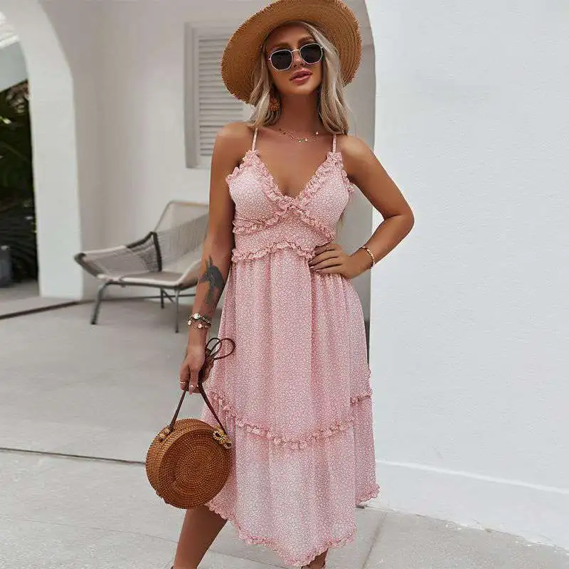 

2021 New Arrival Women summer Bohemian spaghetti strap v-neck casual sun dresses boho dresses women ladies sun dresses boho dresses