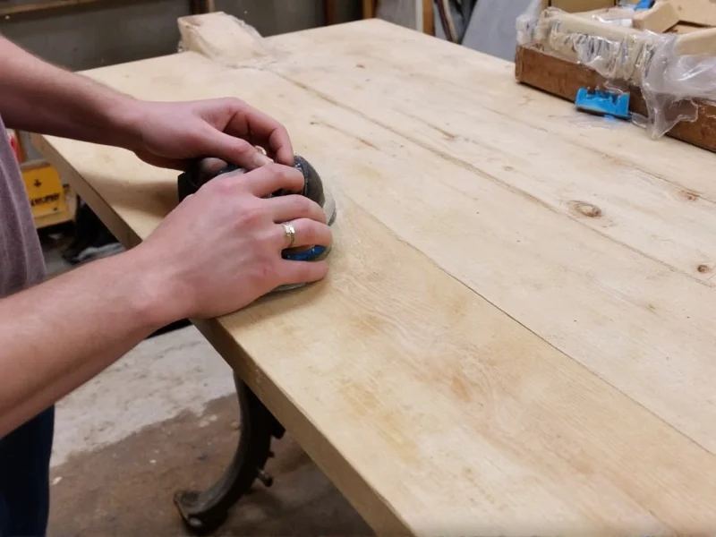 Woodworker sanding reclaimed planks for diy side table