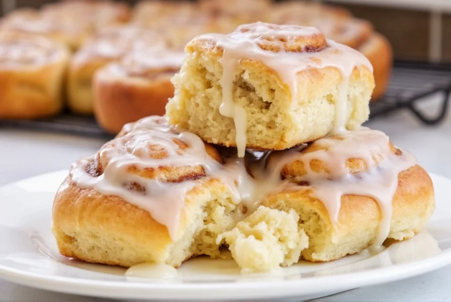 Perfectly golden cinnamon rolls with heavy cream drizzled with cream cheese icing on a white plate