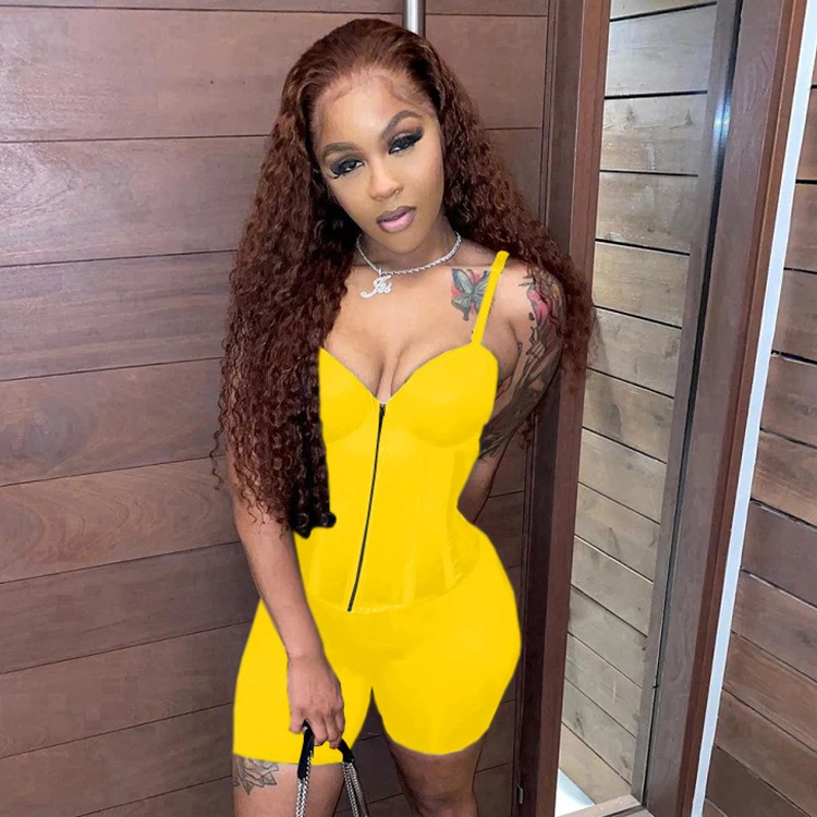 

2021 Women's Tank Top And Shorts Sexy Summer Wear Solid Zipper Low-Cut 2 Piece Short Pants And Camisole Sets, Yelorange,black,rose red,blue