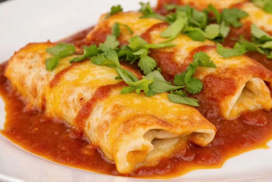 Close-up of Red Chili Redlands signature red chili enchiladas with melted cheese, fresh cilantro, and house-made red chili sauce