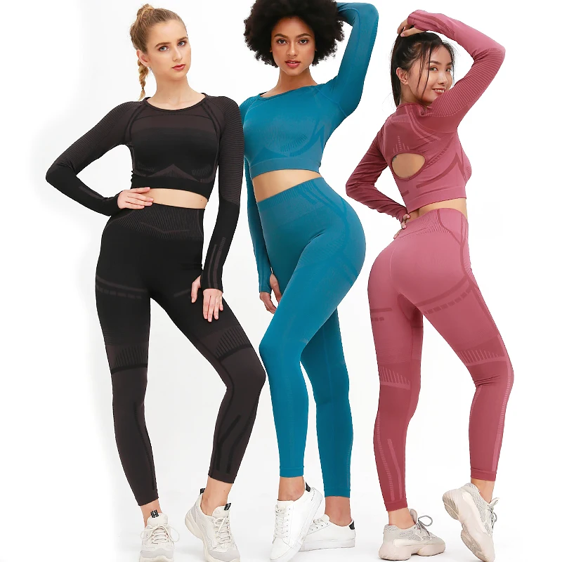 

Women long sleeve crop top slim pants two piece set stitching gym sports yoga set