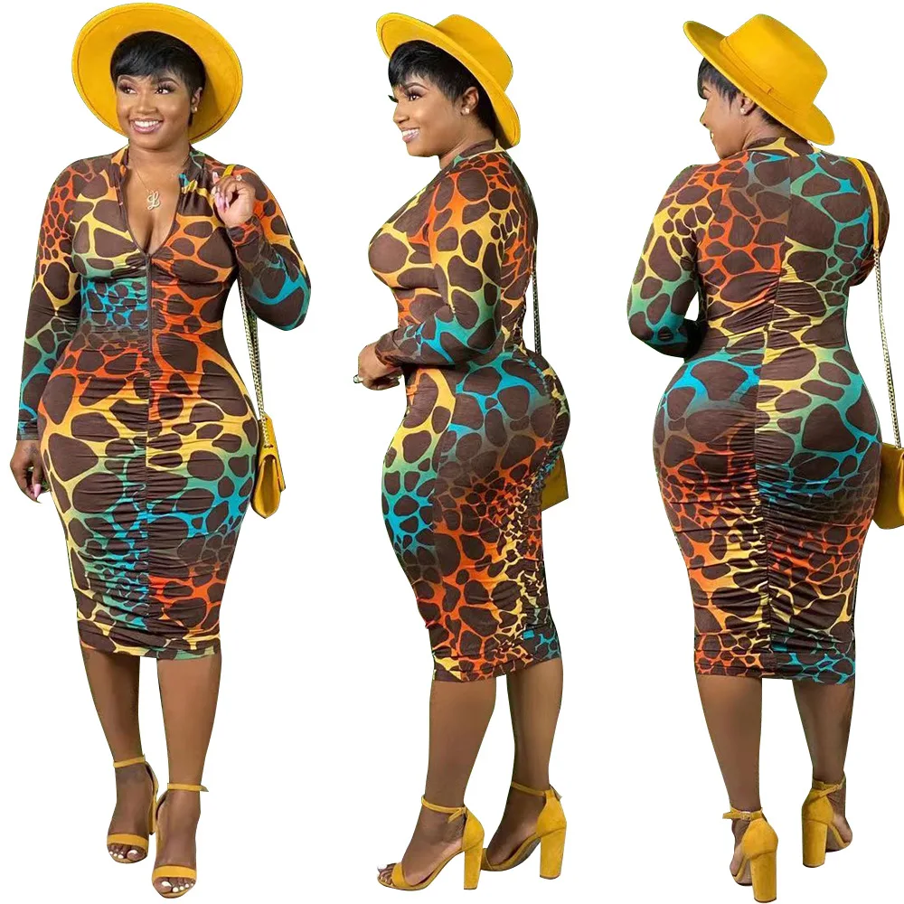 

women's Autumn and winter new style plus size clothing printed zipper long sleeve dress, Picture color