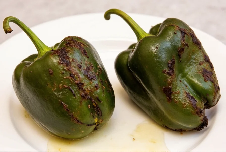 Two perfectly roasted poblano peppers with blackened skin ready for peeling