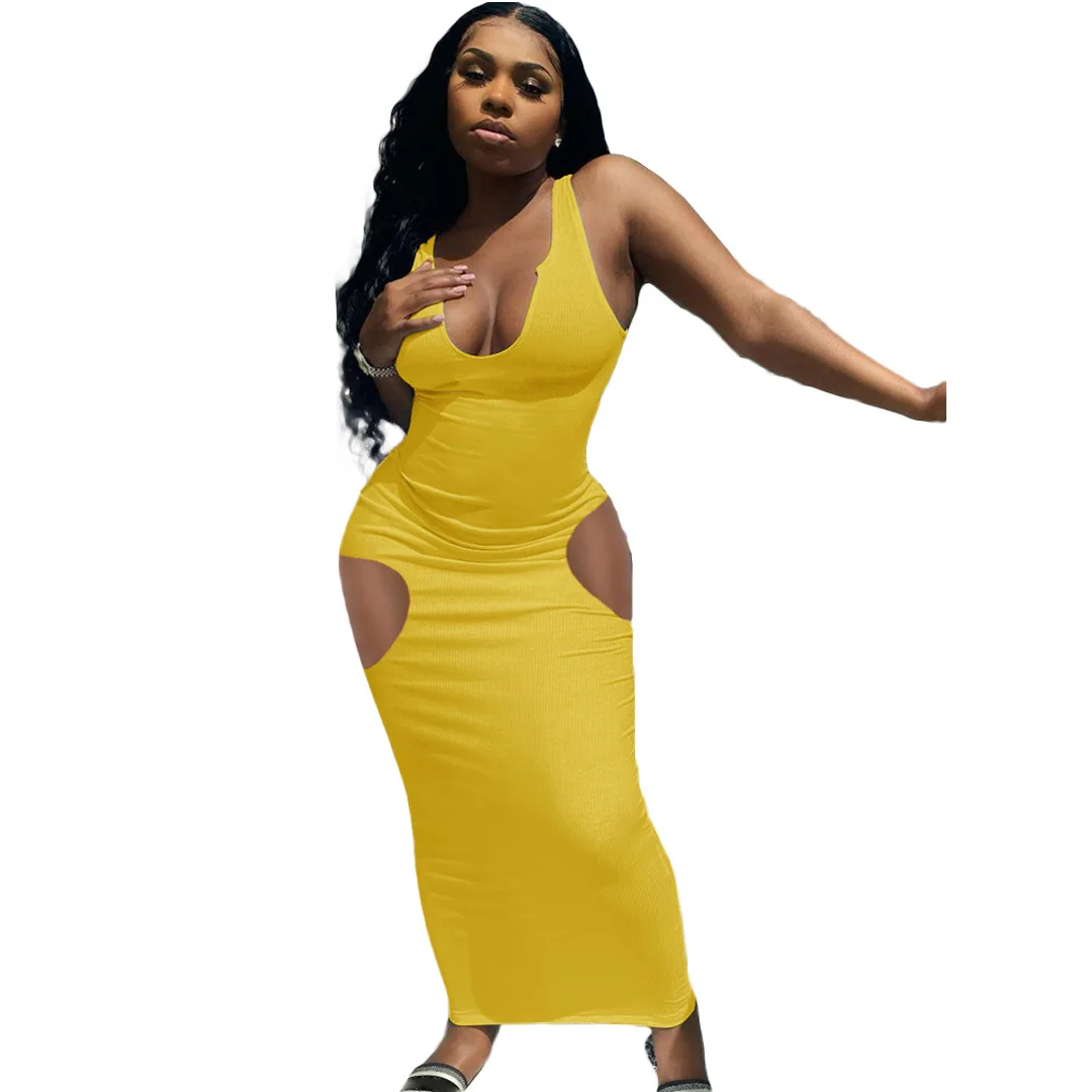 

L2749 - fashion sexy sleeveless solid v-neck women dress