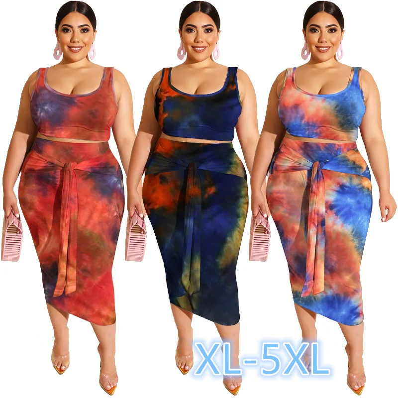 

New Oversize 21 Colors XL-5XL tie-dye printed tight-fitting hip-fit belt fashion sexy latex suit plus size two-piece sets