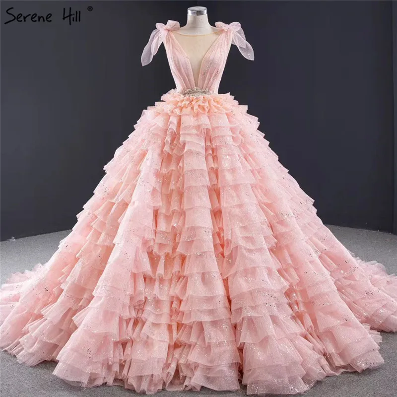 

Custom Made Pink V Neck Bow Tiered Sequined Sparkle Lace Up Sexy Wedding Dresses 2020 Bridal Gowns Serene Hill HM67033