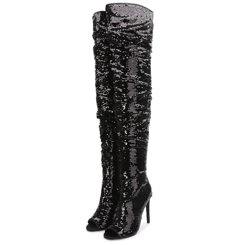 

Sexy long tube full sequined fish mouth open toe super high heel ladies winter side zipper boots