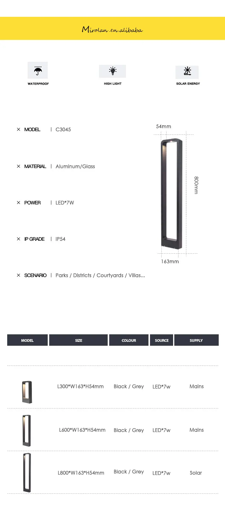 300mm 600mm 800mm 7w IP54 Aluminum Lawn lamp outdoor waterproof modern villa garden lamp