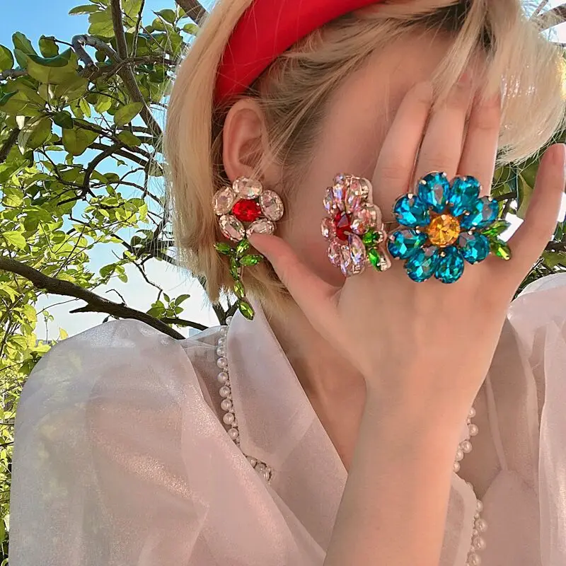 

HOVANCI 3 Exaggerated Colorful Crystal Flower Earrings Rhinestones Big Flower Bloom Rings for Women Party Jewelry Gifts