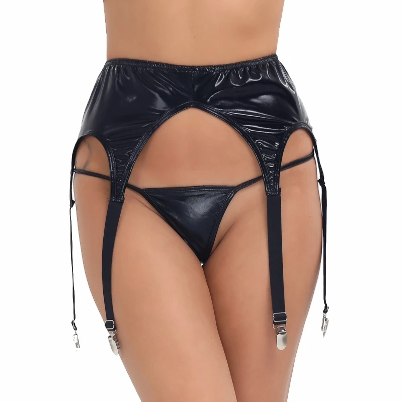 

Black Women Wetlook Patent Leather Sexy Garter Panty Plastic Metal Clip Sock Garter Belt Holder Fastener Suspender