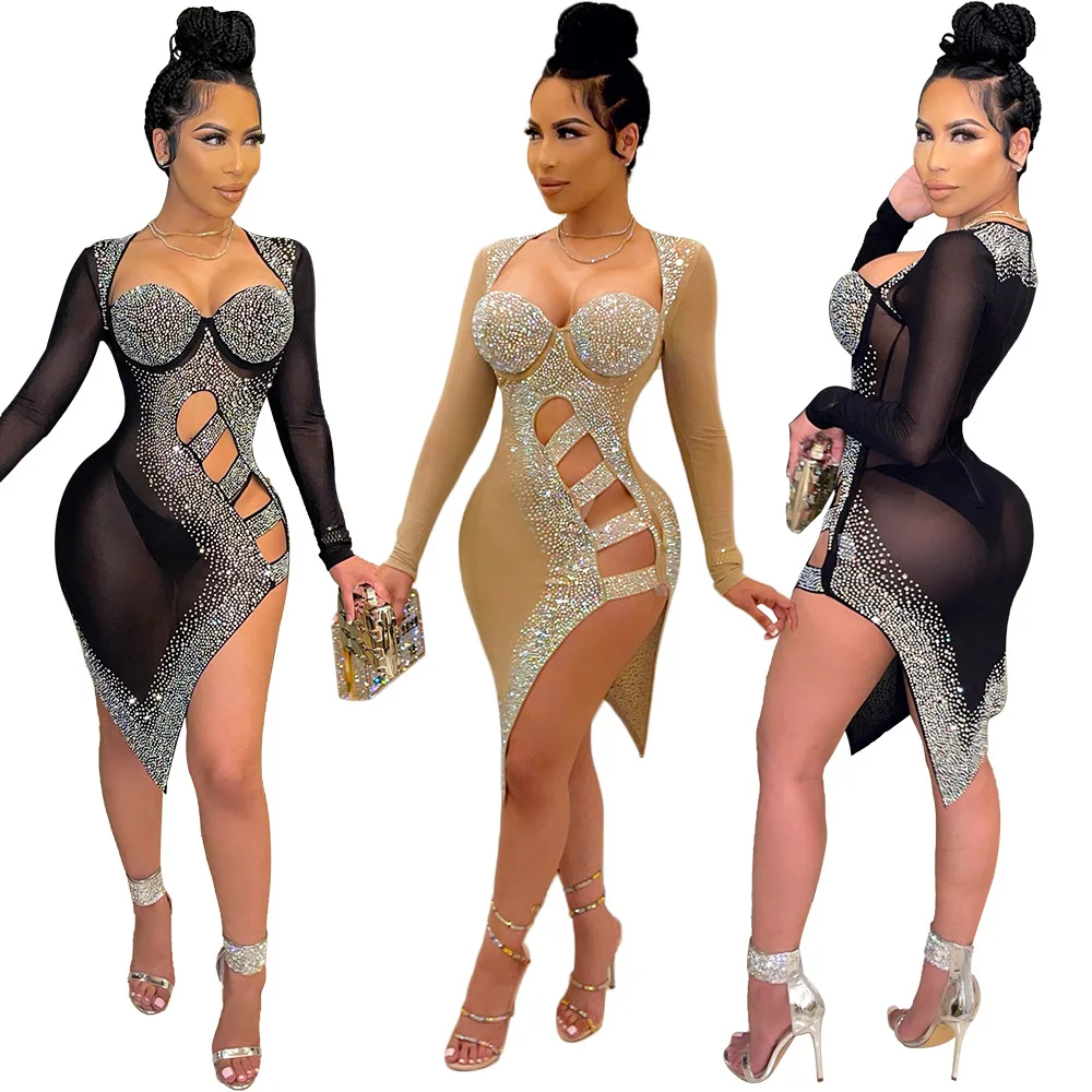 

Custom Logo Hollow Out Sexy Bodycon Club Wear Dress Mesh 2021 See Through Long Sleeve Club Dresses For Ladies, As pics show