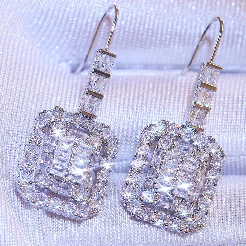 

European and American Women wild Earrings Party Jewelry White Gold Filled Square Crystal Wedding Gifts Drop Earrings