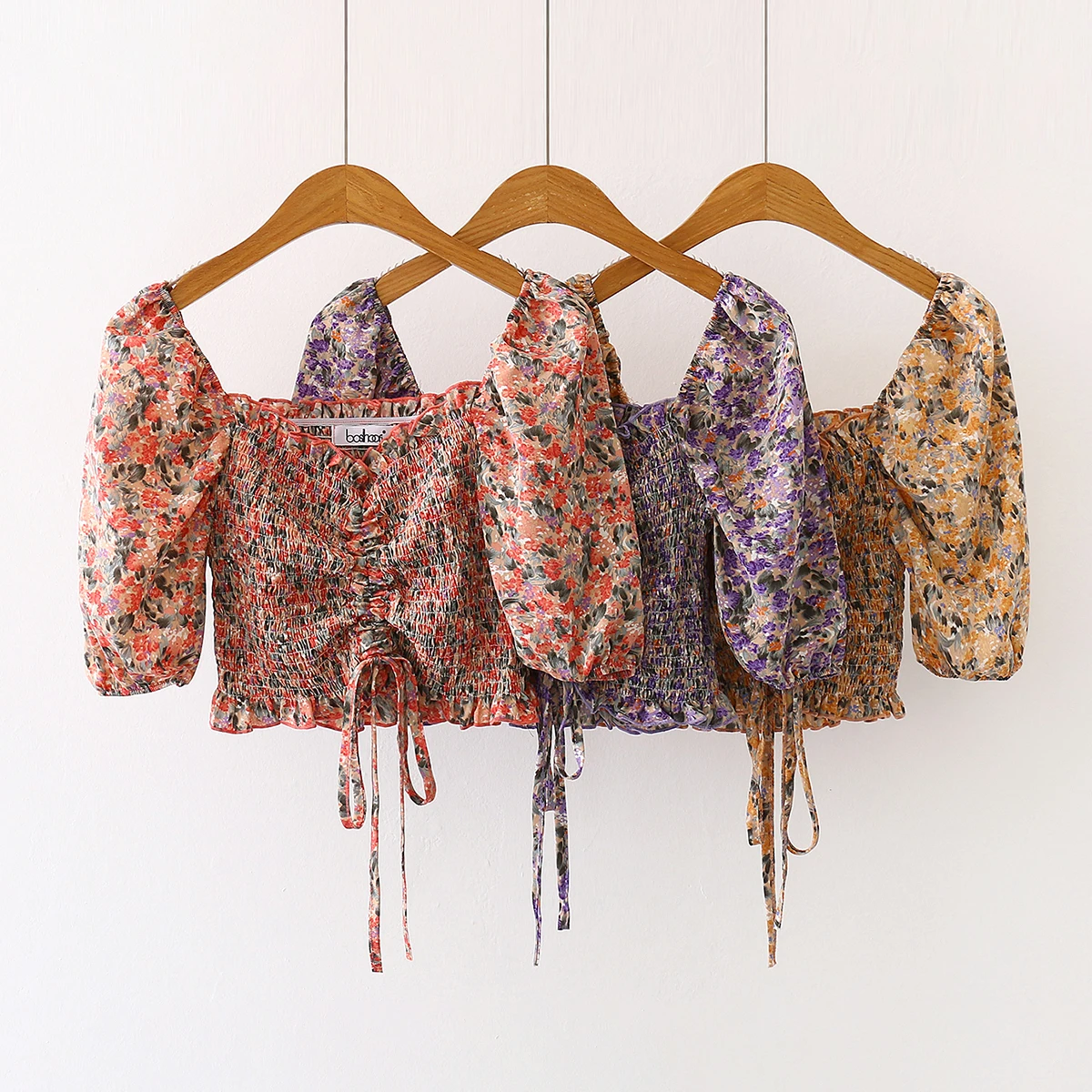 

Korean Fashion Slim High Waist Stretch Shirt Elegant Fluffy Sleeves Short Sexy Top Ladies Floral Top T06408R, Yellow,purple,pink