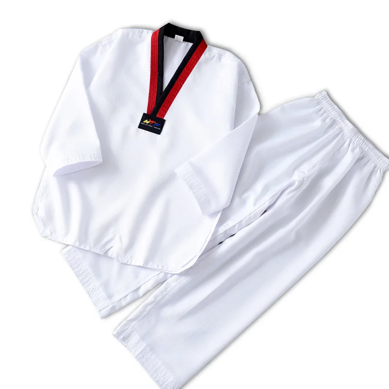 

Taekwondo Uniform Set with Pants, V Neck Shirt Top, White Belt for Kids, Teen Girls, Boys, Adult Men, Women- Med