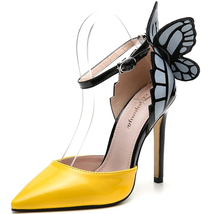 

Latest Design Womens High Heels Dress Shoes Patchwork 3D Butterfly Stilettos Party Wedding Pumps Thin-heeled Shoes, Purple yellow