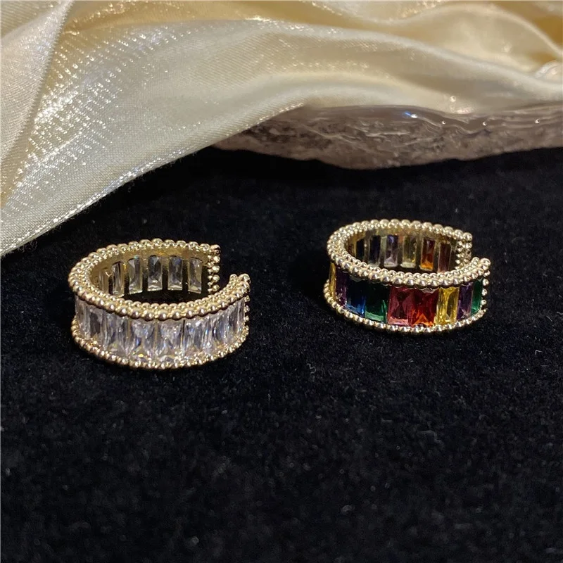 

Gold Plated Colorful Crystal Rainbow Zircon Opening Adjustable INS Personalized Index Finger Ring, White ,colorful