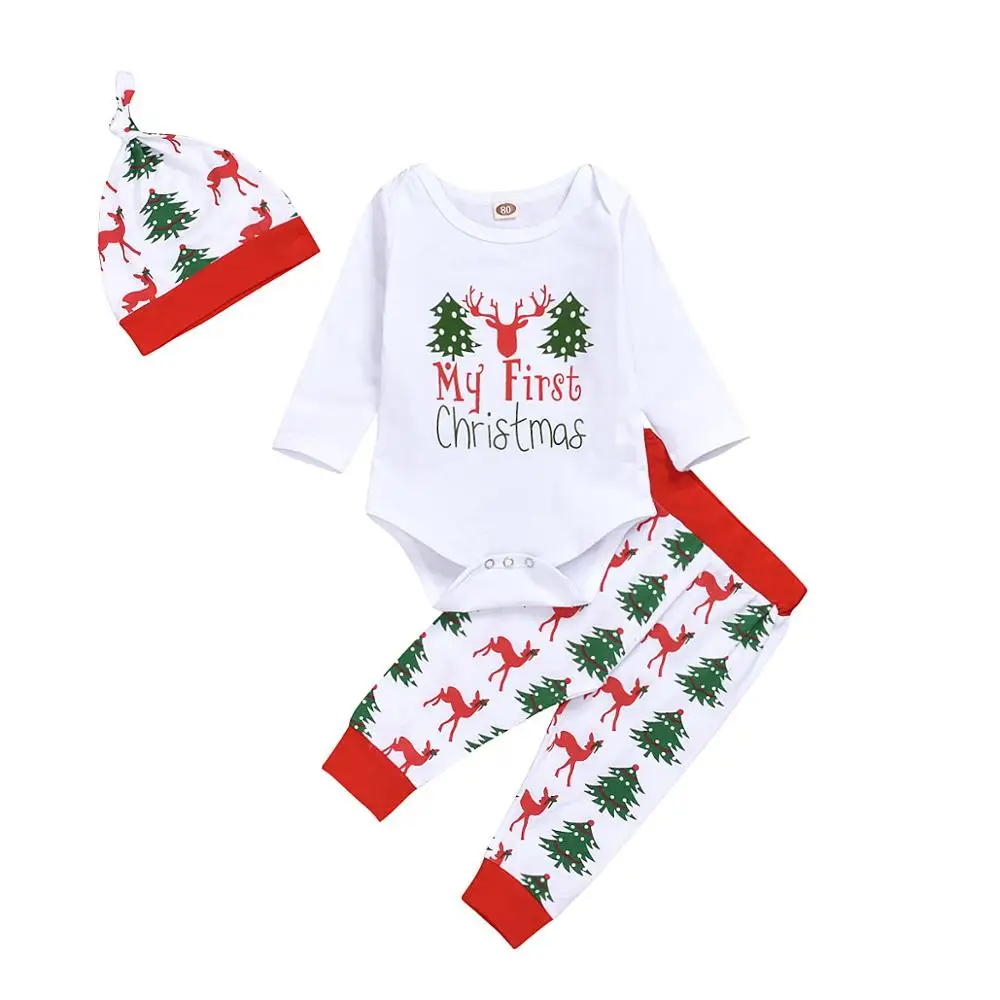 

Newborn infant romper pants hat toddler cartoon deer long sleeve my first Christmas 3pcs clothes set baby christmas outfit