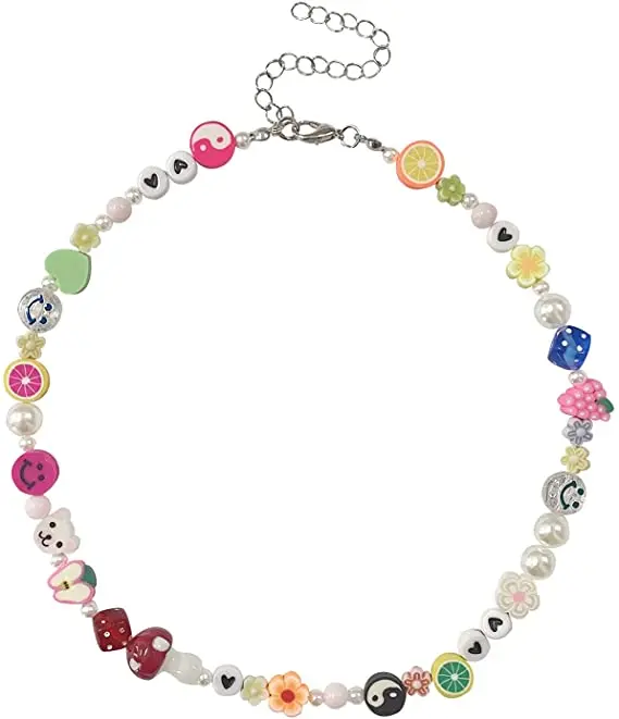 

Summer Cute Handmade Acrylic Resin Beads Smiley Face Flower Fruit Yin Yang Rainbow Choker Necklace for Women, Show in the picture