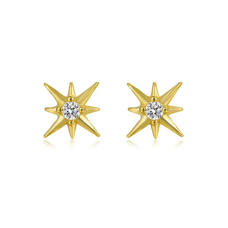 

Trendy 925 Sterling Silver Jewelry 18K Gold Hypoallergenic Zircon Diamond Setting Eight-Pointed Star Stud Earrings