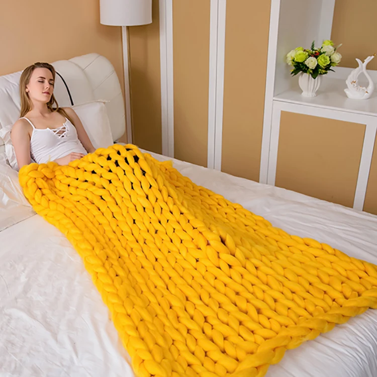
Wwinter Warm Dropship Huge Yellow Cashmere Cable Chunky Chrohet Knit Blanket 