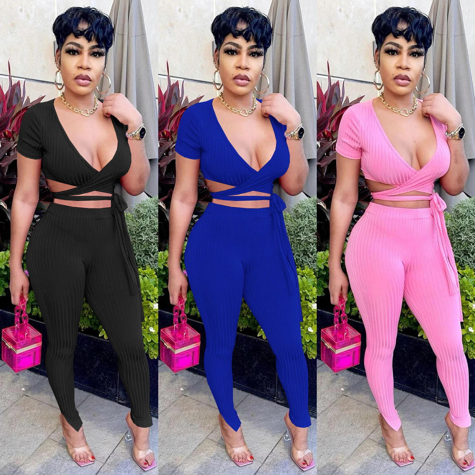

2 Piece Sets Casual Short Sleeve Tracksuit Trousers Ribbed Solid Color Outfits Bandage Sexy Two Piece Pants Set Women, Shown
