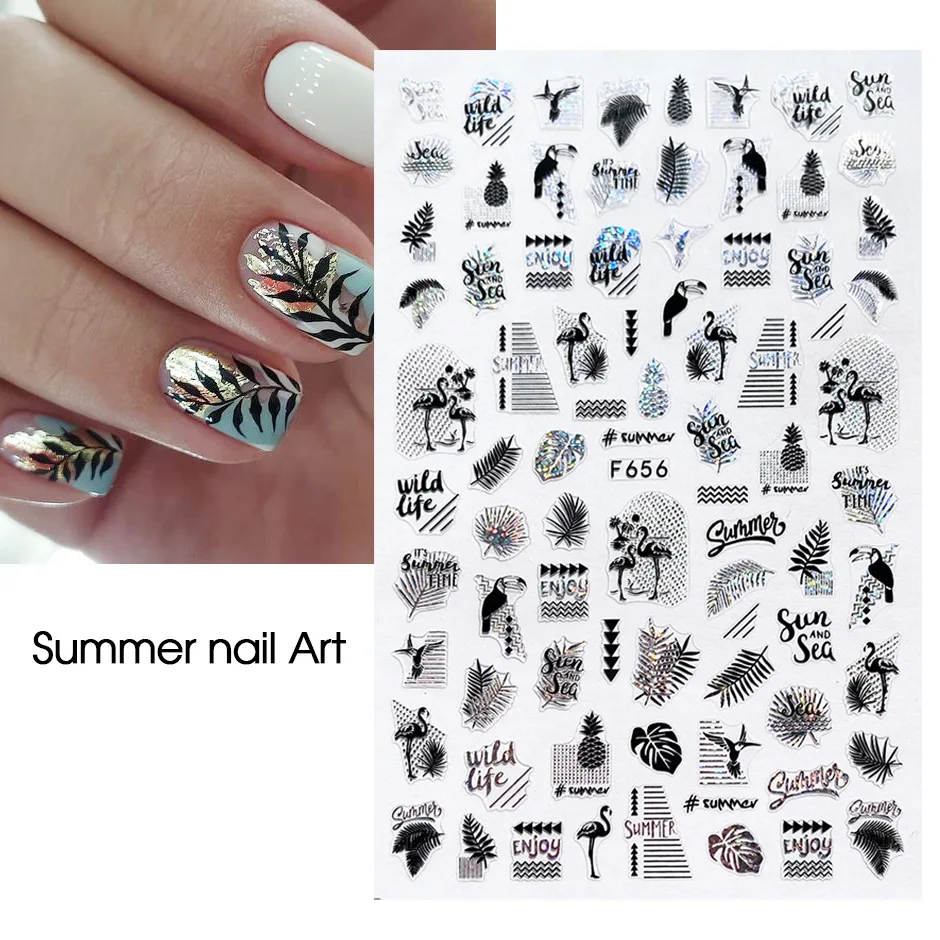 

Hot Sale Japanese Self Adhesive Decals Art Decoration relief silver plated summer 5d nail stickers, As photo