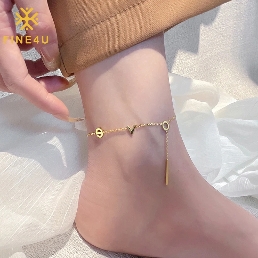 

Fine Jewelry Non Tarnish 18K Gold Plated Love Vertical Bar Pendant Leg Chain Stainless Steel Women Anklets