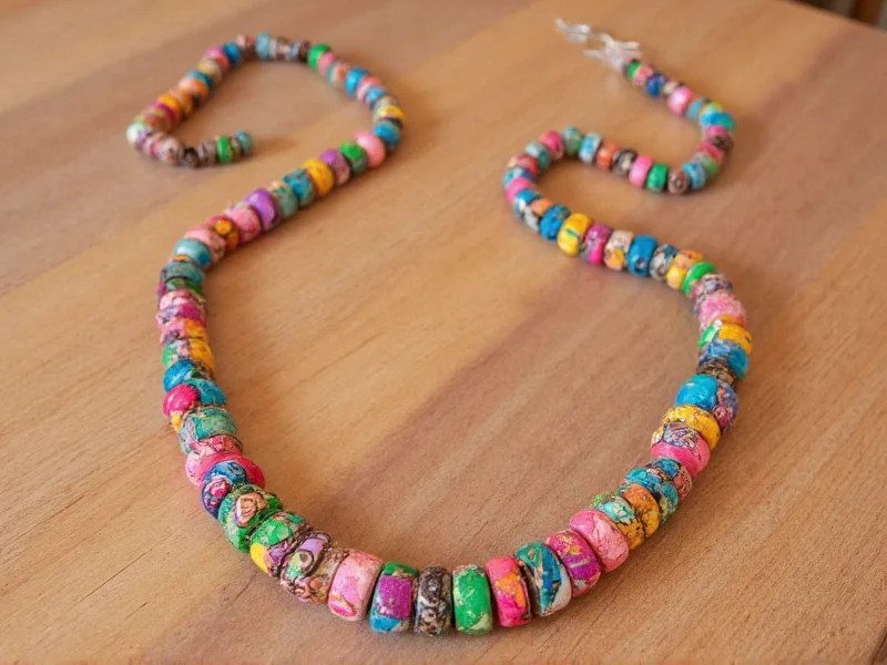 Colorful paper bead necklace on wooden table