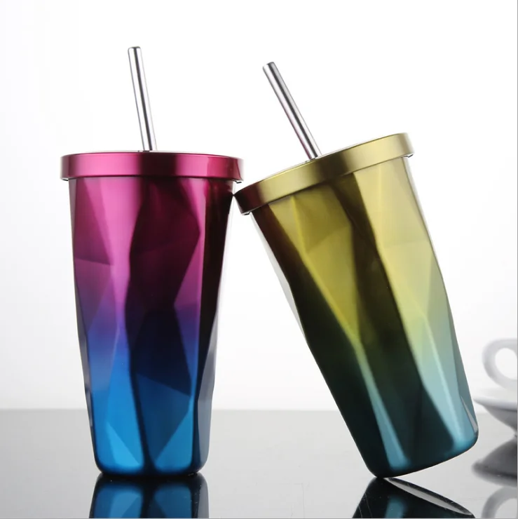 

16 oz Portable Durable Double Wall Stainless Steel Insulated Travel Coffee Mug with Metal Straw, Any color,according to pantone