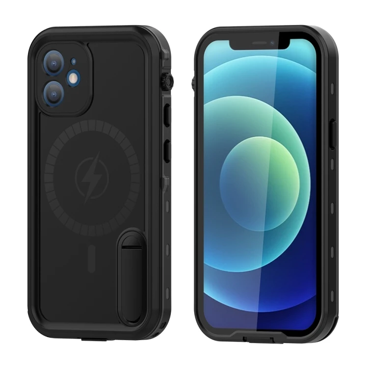 

RedPepper Shockproof Waterproof Solid Color PC TPU Magsafe Case with Holder For iPhone 12(Black)