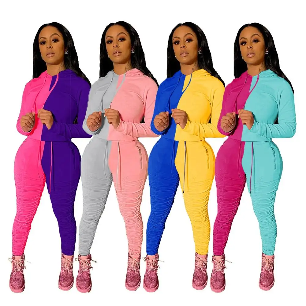 

Ladies Stacked Pants Fashion Fall Matching Clothing Two Piece Set Sexy Hoodies Women 2 Piece Outfits Joggers Biker Short Sets