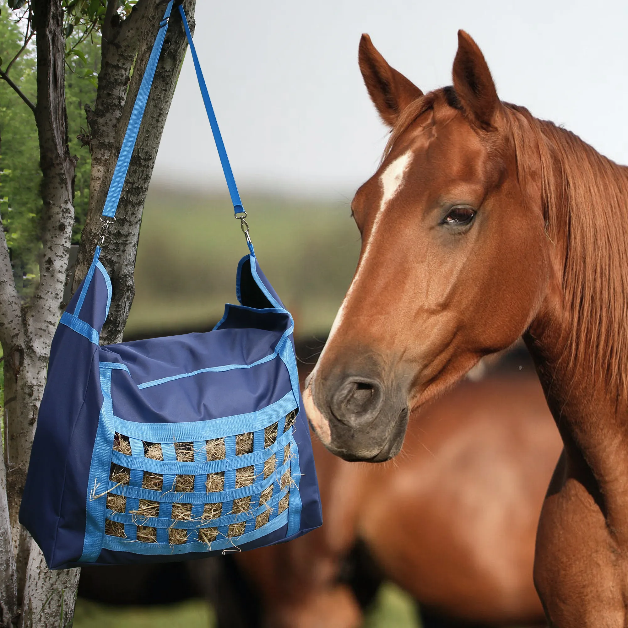 

Large Capacity Oxford Equestrian Slow Feed Bale Storage Carrying Hanging Net Tote Horse Hay Bag With Adjustable Strap, Blue