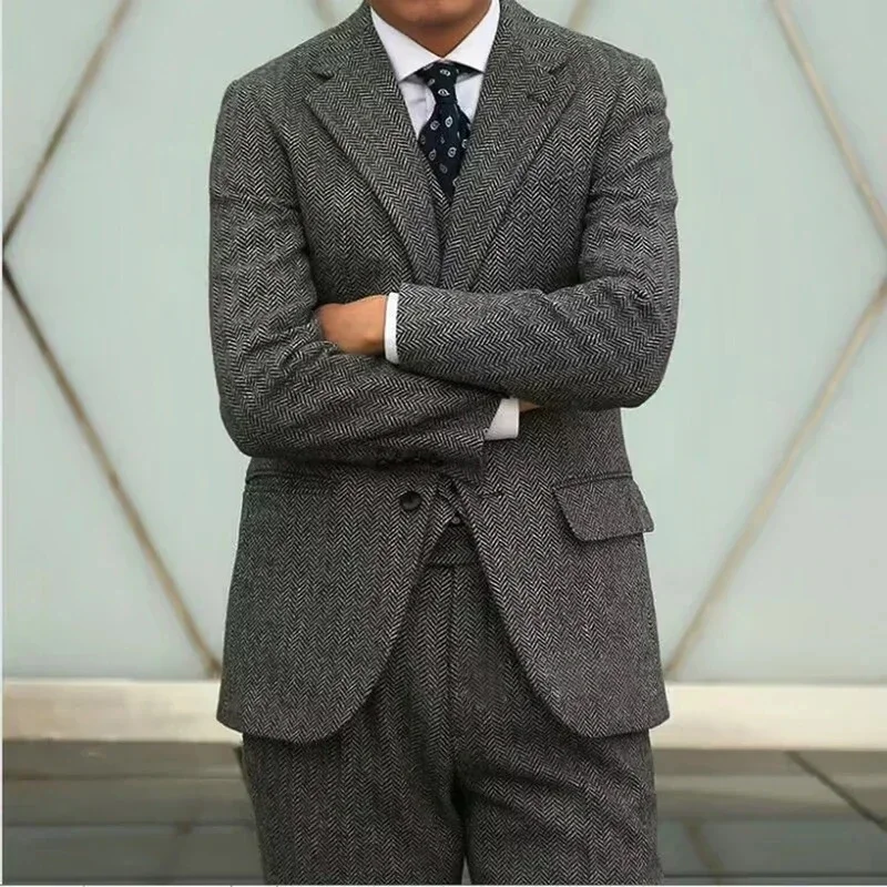 Grey Herringbone Tweed 3 Pieces Set Men Suits Male Suit Slim Formal Notch Lapel Elegant Wedding Groom Business Casual Suit