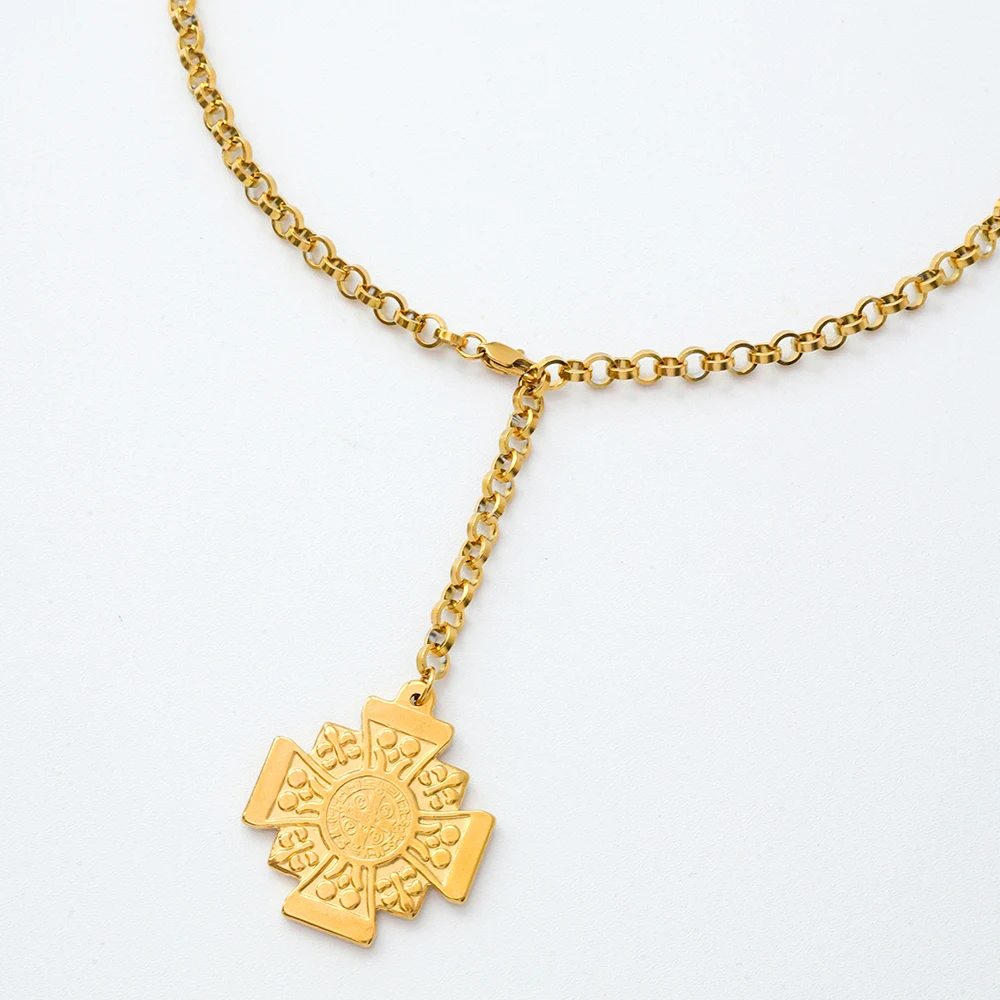 Waterproof 18K Gold Plated Stainless Steel Jewelry Adjustable Stainless Steel O-chain Benedict Cross Pendant Necklace YF5075
