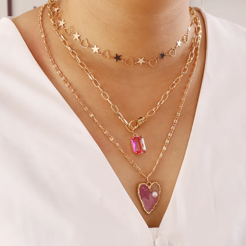 

2020 Luxury Multi-layer Star Heart Simple Choker Necklace for Women Pink Crystal Irregular Resin Heart Necklace