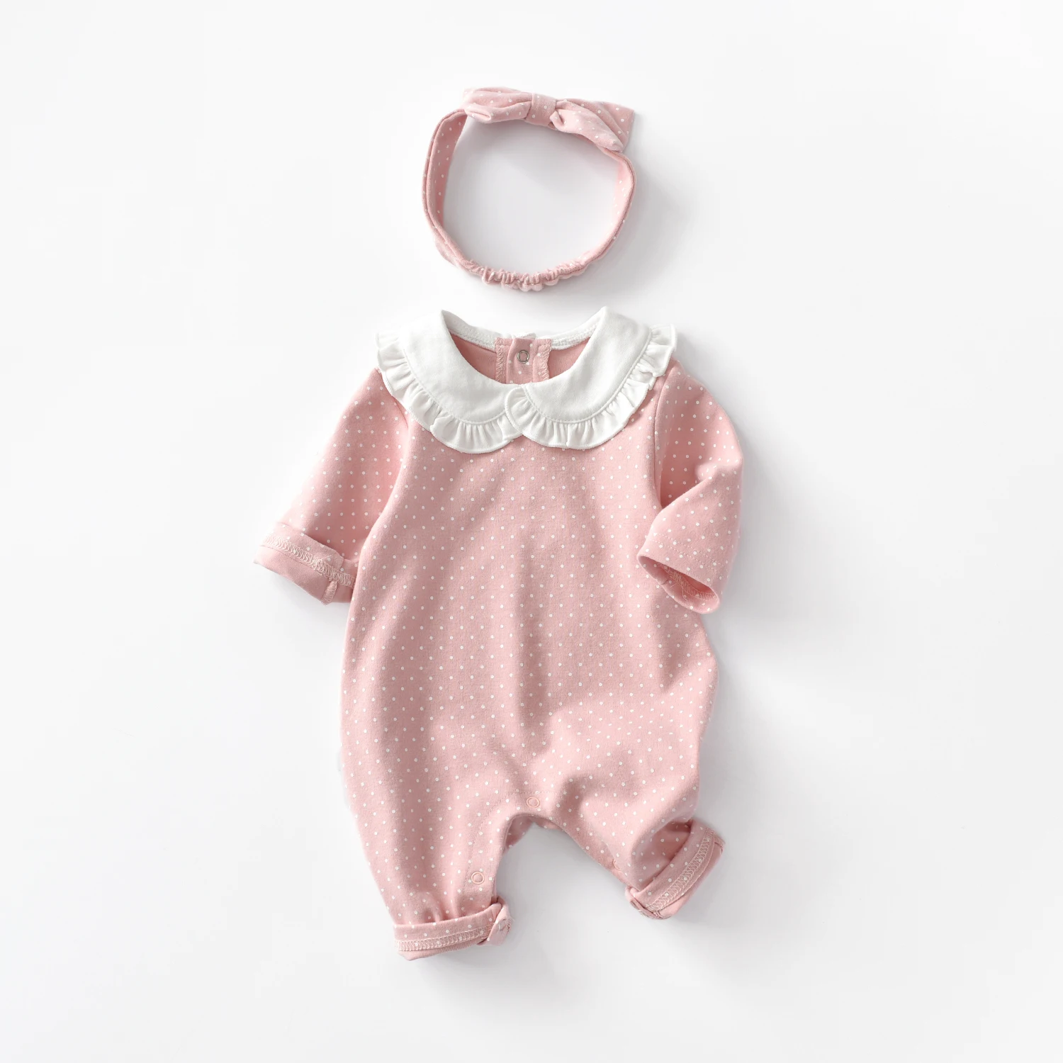 

wholesale Popular Best Price lovely polka dots baby girl romper with Headband, Pink
