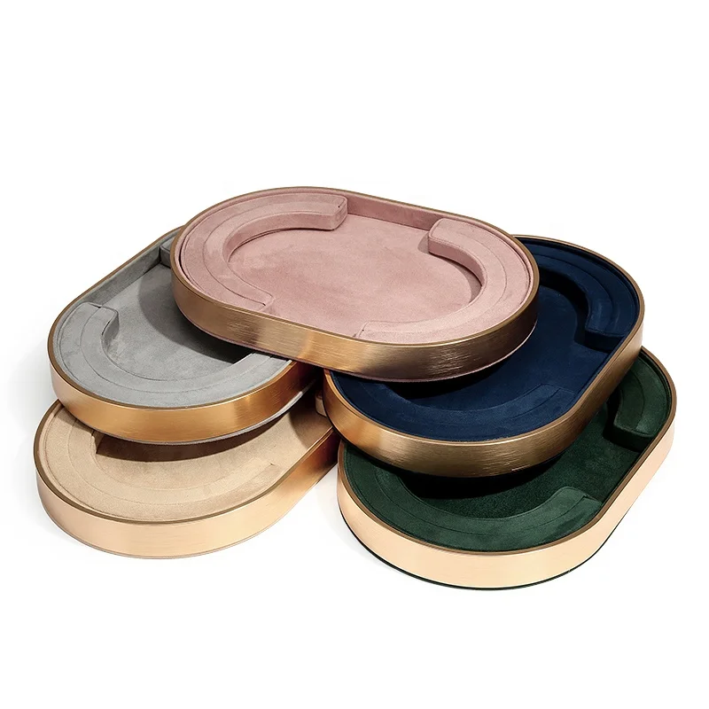 

High quality luxury jewelry display trays tackable jewelry trays Metal material oval jewelry display tray, Green blue gray pink gold