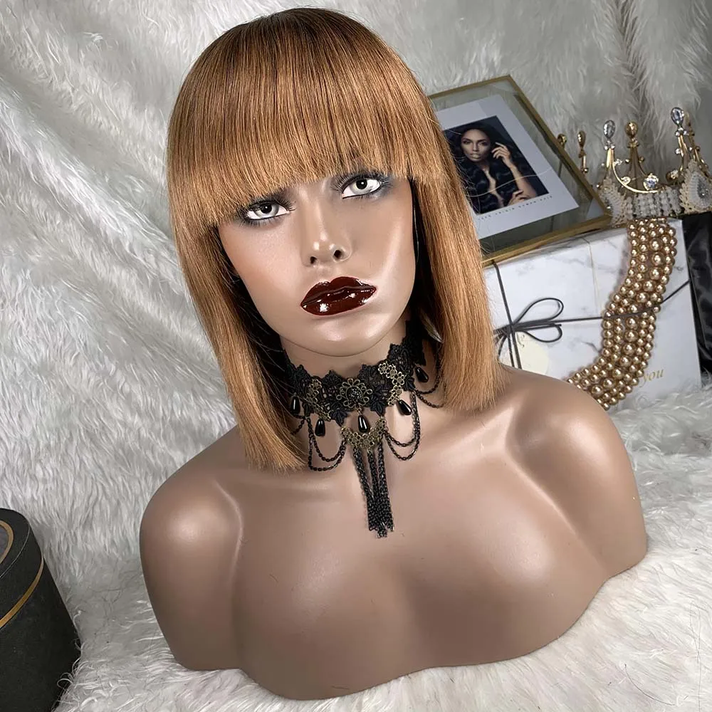 

Brazilian Remy Hair Machine Made Short Glueless Non Lace Front Wigs for Women golden yellow Color 150% Density